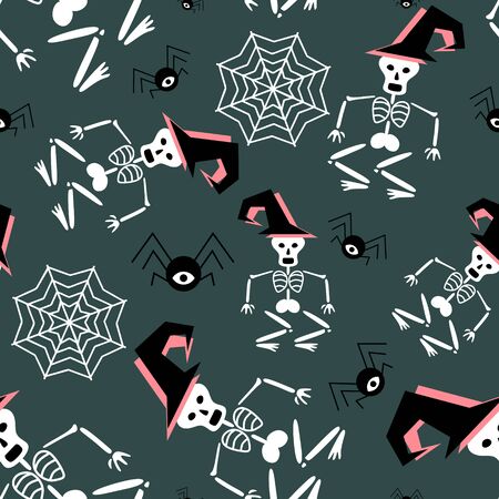 Baby halloween pattern with skull and spider web. Creepy fun vector illustration for print and children fashion.のイラスト素材