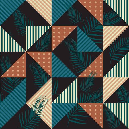 Colorful seamless pattern vector with palm leaves and geometric memphis vintage triangle. Background wallpaper for fashion textile print.のイラスト素材