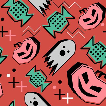 Memphis halloween pattern with creepy creature of pumpkin, ghost, and candy isolated on orange background. Fashion trendy 90s vector for print and textile wrapping.のイラスト素材