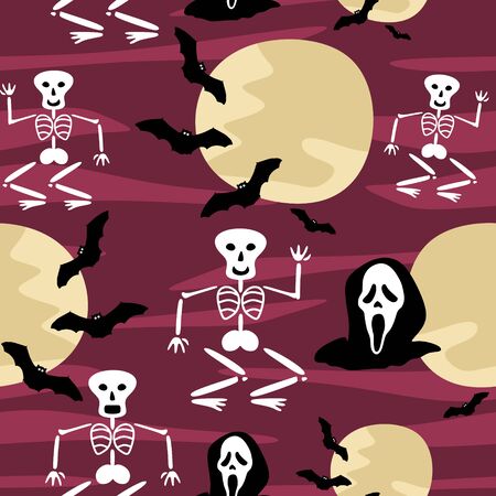 Happy halloween seamless pattern, bat and skeleton. Vector illustration for fashion textile, wrapping, and print.のイラスト素材