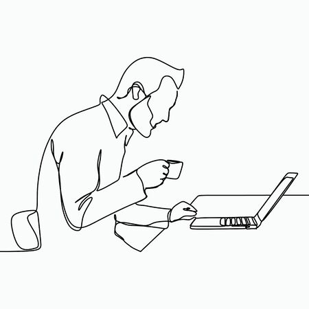 Vector of a creative worker drinking a coffee with single one line art drawing.のイラスト素材