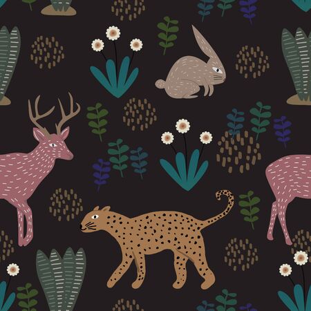 Floral pattern with leopard, rabbit, and deer. Seamless cute childish drawing. Kids and children hand drawn style colorful vector illustration for your wallpaper, background, textile fashion print, and wrapping..のイラスト素材