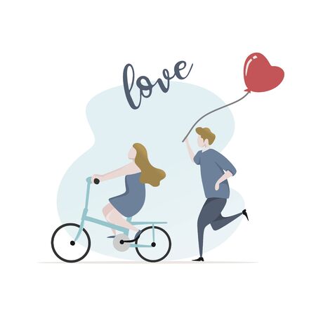 Couple in love vector illustration for valentine's day card banner design. Concept of happy lovers riding a bike.のイラスト素材
