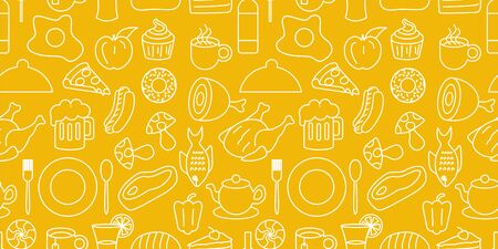 Food pattern with seamless hand drawn plate, fork, spoon, beer, noodle, egg, and meat on yellow background vector illustrationのイラスト素材