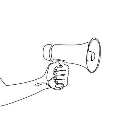 Single one line drawing of horn speaker with hand sign and symbol for announcement and employee hiringのイラスト素材