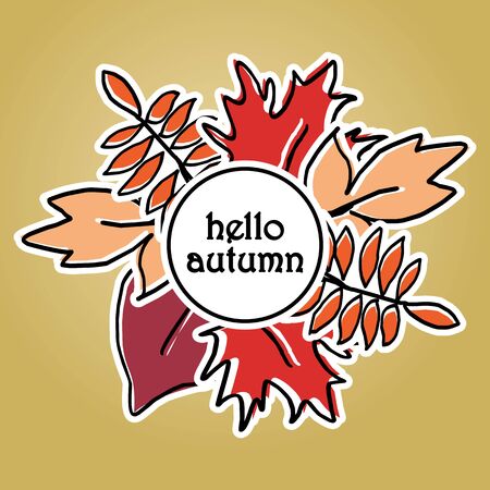 Hello autumn greeting design with colorful leaves drawing.のイラスト素材