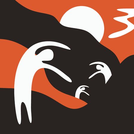 The shape of people rising hand appears in mountain as a surreal minimalist illustration.のイラスト素材