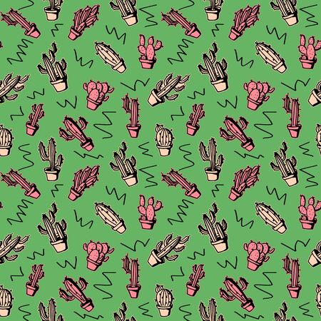 Exotic hand drawn cactus pattern with punchy pastel colorful seamless background.のイラスト素材