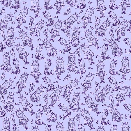 Mermaid doodle seamless pattern. Purple and white line art cartoon vector illustration.のイラスト素材