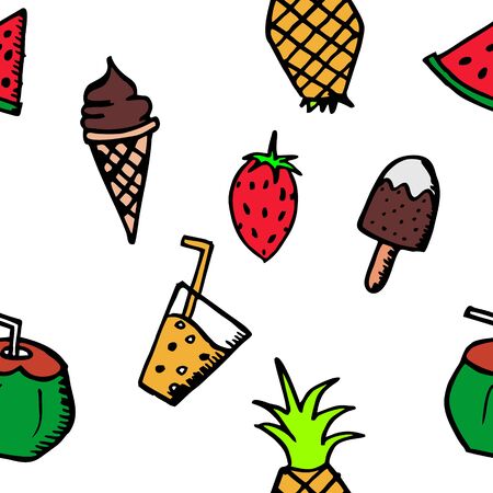 Seamless summer doodle hand drawn pattern with colorful holiday beach stuff.のイラスト素材