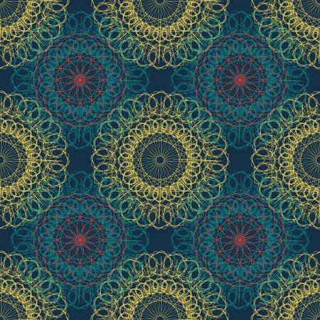 Mandala seamless ancient geometry pattern. Golden round ornament decoration of line art of flower with stylized Chakra symbol for yoga complex flourish weave medallion. Tattoo print.のイラスト素材