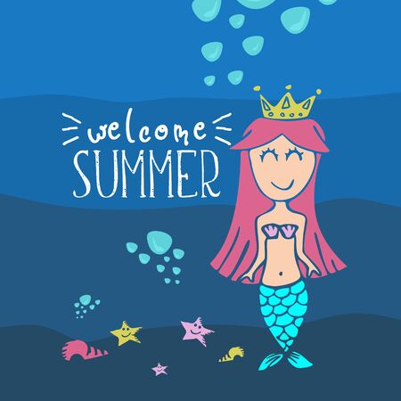 Welcome summer by mermaid. Creative cute drawing holiday background.のイラスト素材
