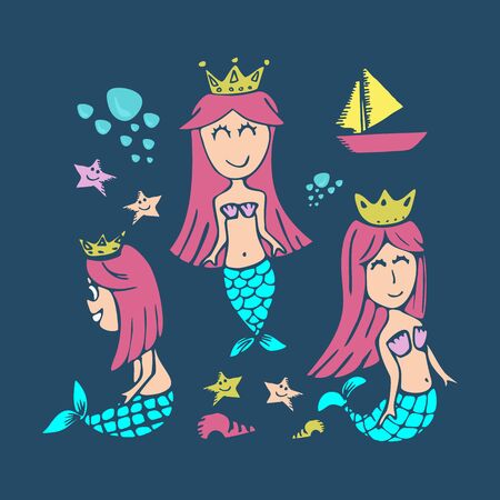 Mermaid hand drawn cute drawing set. Summer children style vector illustration.のイラスト素材