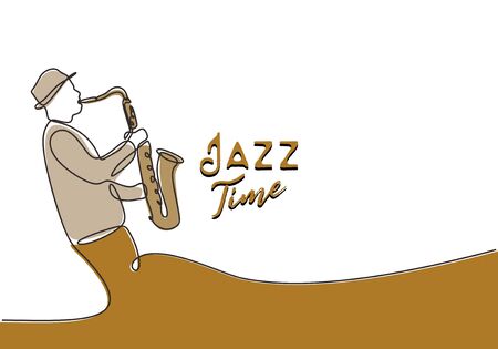 Jazz time quote poster with continuous one line of person blowing saxophone minimalism design vector isolated on white backgroundのイラスト素材