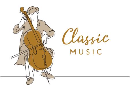 Classic music poster background with cello music player vintage minimalism style of continuous one line drawing vector illustration. Young man playing classical songs on the stage.のイラスト素材