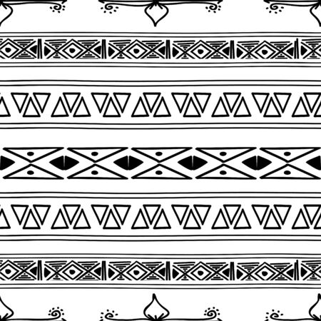 Aztec seamless pattern with black and white tribal hand drawn multicolor background. Ethnic drawing...