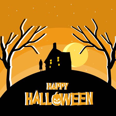 Popular halloween banner design template with haunted house horror theme. Vector illustration background.のイラスト素材