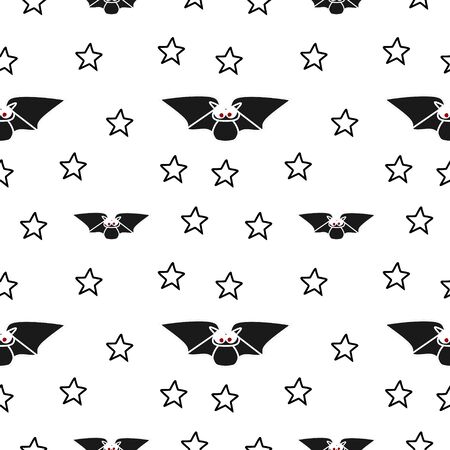 Seamless bat and stars pattern for halloween theme background with black and white colors.のイラスト素材
