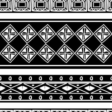 Tribal pattern texture with hand drawn african, aztec, maya creative drawing vector illustration. Black and white stripes patterns ethnic monochrome style.のイラスト素材