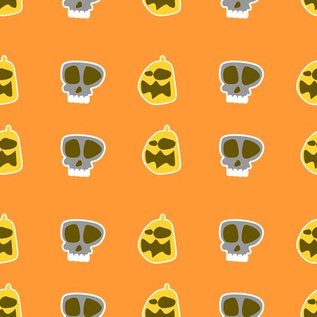 Seamless halloween drawing creepy creature with colorful orange background. Pumpkin and skull spooky character vector illustration.のイラスト素材