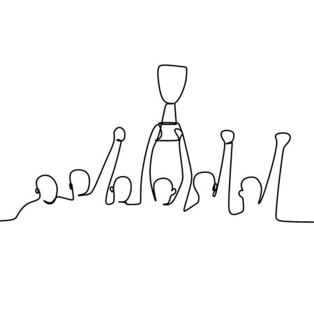 One line drawing of a team winner celebration. People feel happy raising a trophy from the championship.のイラスト素材