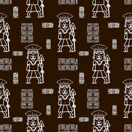 Aztec tribal pattern vector. Hand drawn ancient maya symbol. Native historical mexican culture seamless colorful drawing illustration for fashion textile print or wrapping and wallpaper background.のイラスト素材