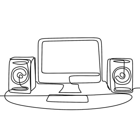Monitor computer and sound speaker with continuous single one line drawing. Minimalist technology theme isolated on white background vector.のイラスト素材