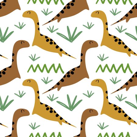 Vector dino seamless pattern with brontosaurus childish drawingのイラスト素材
