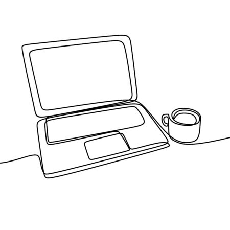 Laptop and coffee vector with one continuous single line art drawing. Minimalist lineart isolated on white background.のイラスト素材