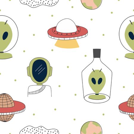 Childish drawing seamless pattern with aliens, ufo in space cosmos cute illustration vector scandinavian styleのイラスト素材