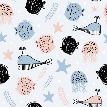 Cute sea world with fish, starfish, seaweed and whales seamless pattern colorful background for baby fashion textile wrapping and print. Vector illustration hand drawn scandinavian drawing.のイラスト素材