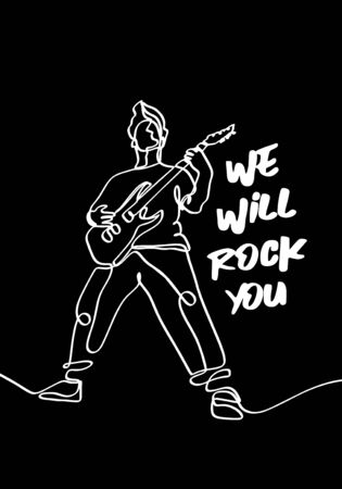 Vector illustration on the theme of rock music. Slogan: we will rock you. Vintage design. Continuous man playing electric guitar. Typography, t-shirt graphics, print, poster, and banner.のイラスト素材