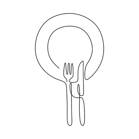 Plate, knife and fork. One continuous line drawing Vector illustration minimalist design.のイラスト素材