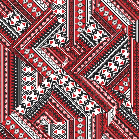 Ethnic seamless pattern with tribal triangle stripes hand drawn vector illustration. Abstract background colorful trendy drawing red colors.のイラスト素材