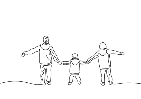 Continuous one line drawing of three kids holding hands and playing. Childhood act of kindness theme. Children concept of brother and sister member of family.のイラスト素材
