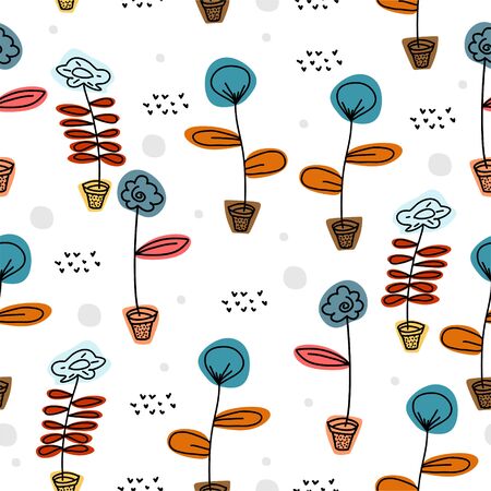 Cute flower seamless pattern with scandinavian art drawing background. Trendy elements for baby and children apparel fashion textile print vector illustration.のイラスト素材