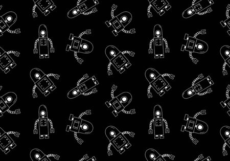 Robots doodle seamless pattern black and white colors vector illustration for kids and baby apparel fashion textile print.のイラスト素材