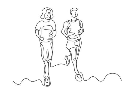 Continuous one line drawing of man and woman running on sport theme. Vector minimalist design linear hand drawn.のイラスト素材