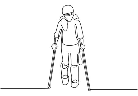 One continuous line drawing of a girl walking and using a pair wooden crutches and medical walking sticks for rehabilitation of broken legのイラスト素材