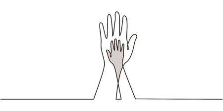 Stop Racism symbol with hand. One continuous line drawing metaphor. Concept of different background culture, gender, and skin color. Vector illustration Unity care sign minimalism design.のイラスト素材