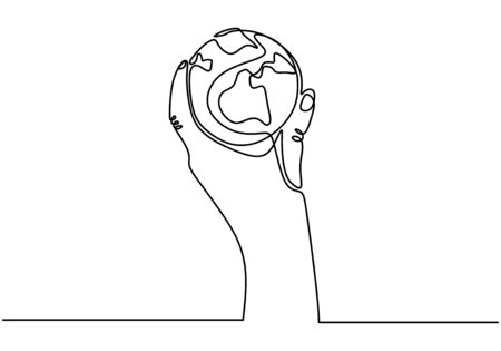 Continuous one line drawing of hand holding earth globe. Symbol of care with world.のイラスト素材