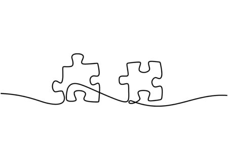 Continuous one line drawing of puzzle jigsaw pieces. Problem solving and solution business metaphor sign and symbol.のイラスト素材