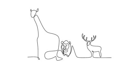 Animal zoo continuous line drawing of elephant, lion, deer, bird, and giraffe  illustration.のイラスト素材