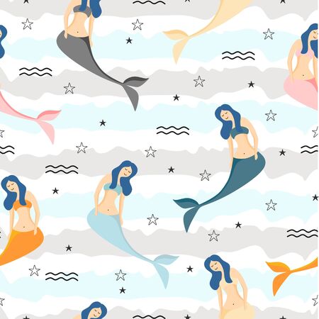 Seamless childish pattern with cute mermaids colorful summer design theme. Undersea  trendy texture.のイラスト素材