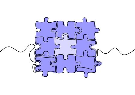 Continuous line drawing of jigsaw puzzle vector. Connecting and problem solving business metaphor with single one lineart style. Minimalism sketch hand drawn.のイラスト素材