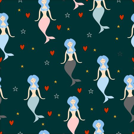 Seamless childish pattern with cute mermaids colorful summer design theme. Undersea trendy texture.のイラスト素材