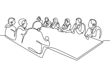 Continuous one line drawing of office workers at business meeting. illustration of people as team or group working with big table.のイラスト素材