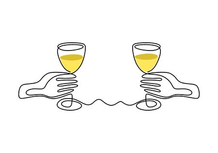 Continuous one line drawing of Hands cheering with glasses of wine. Symbol of celebration food and drink theme.のイラスト素材