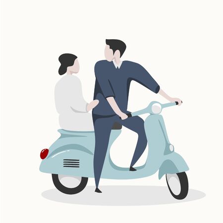 Valentine couple with scooter vintage, pre-wedding concept vector illustration with cute characterのイラスト素材