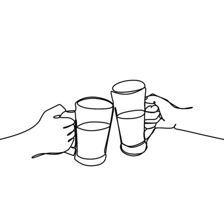 Continuous line drawing of Cheers clinking of friends with bourbon whisky drink in party night after work  illustration.のイラスト素材